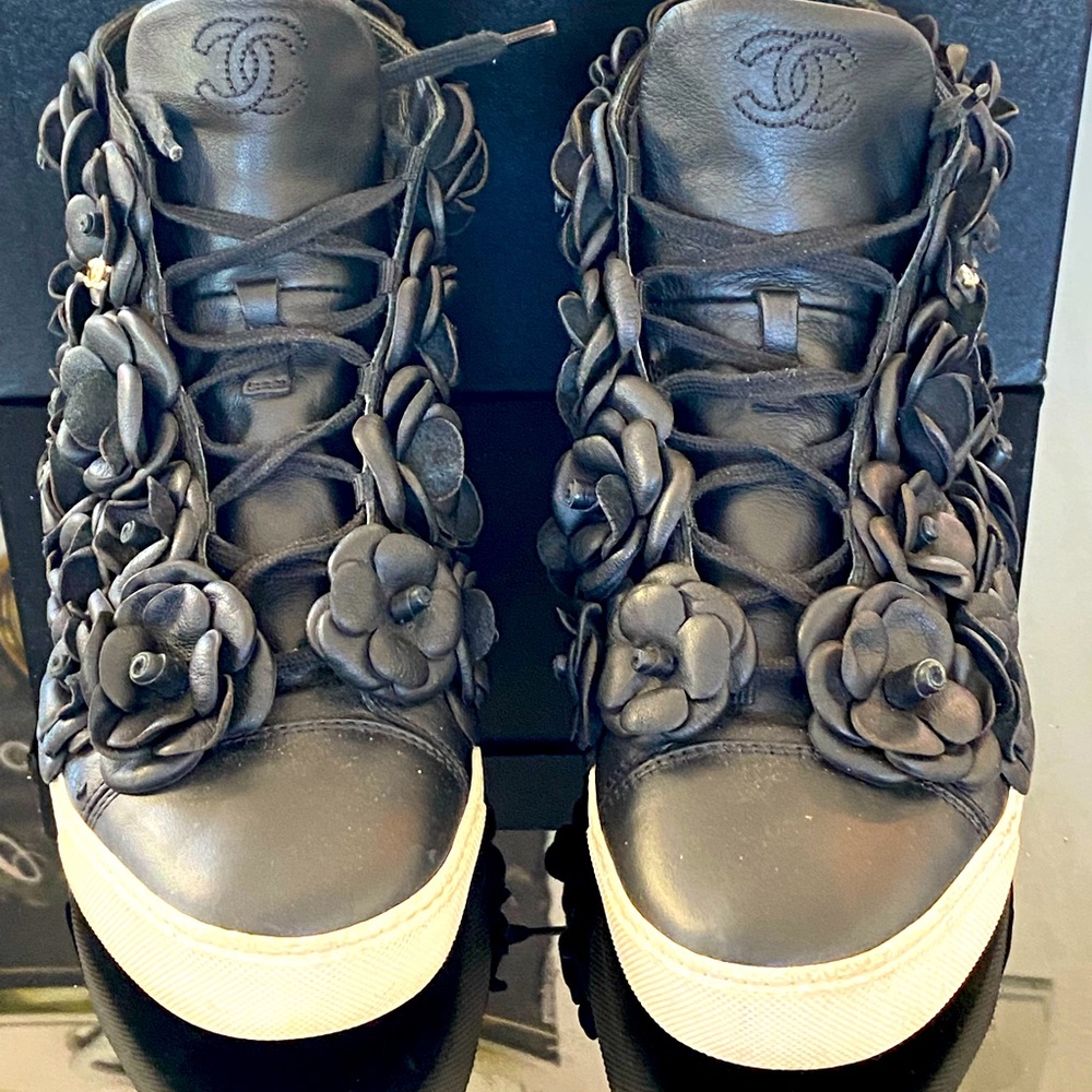 Chanel Black CC Camellia Leather High Top Sneakers